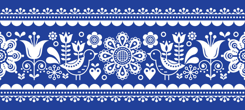  	 Scandinavian seamless vector pattern with flowers and birds, Nordic folk art repetitive in white on navy blue 