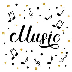 Music calligraphy hand lettering. Karaoke bar,  Musical shop or record studio sign. Treble clef sheet music symbols. Vector illustration. Easy to edit template for banner, poster, flyer, etc.