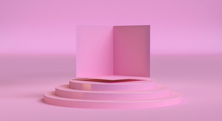 Minimalist abstract background, Pink primitive geometrical figures, pastel colors, 3D render.