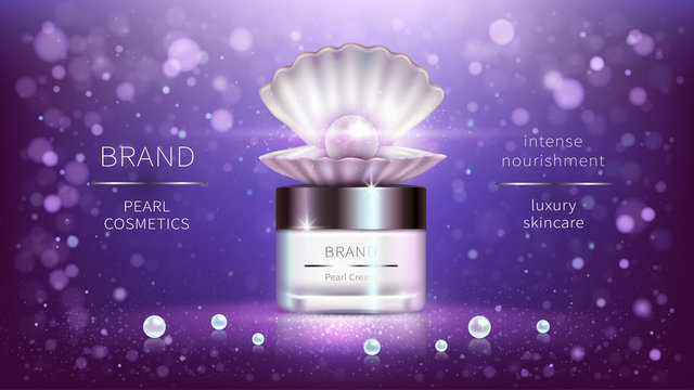 Pearl cosmetics, vector realistic advertising poster. Shiny luxury packaging for cosmetic anti-aging product, open shell and precious pearls on purple background, mock up for glossy magazine