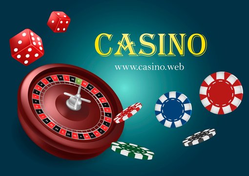 Casino roulette with chips, red dice realistic gambling poster banner. Casino vegas fortune roulette wheel design flyer. Blue background.