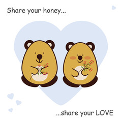 Flat cartoon bear lovers postcard on blue heart with legend: share your honey, love. Greeting card on valentine's day