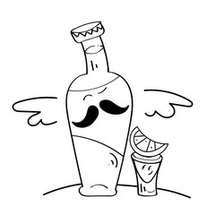 Coloring Page,Book and Antistress freehand sketch with bottle tequila, shot glass, lime.Used for greeting card, poster design.Vector illustration.