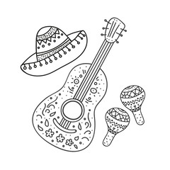 Coloring Page,Book and Antistress freehand sketch with mexican sombrero,guitar,maraca.Used for greeting card, poster design.Vector illustration.