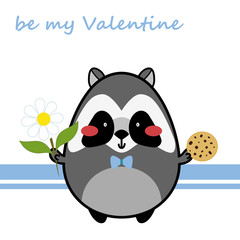 Sweet and cute greeting card. Valentine’s day love card. Be my Valentine card with vector flat cartoon illustration of forest enamored raccoon boy. Flat character design