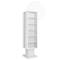 Cardboard Retail Shelves Floor Display Rack For Supermarket Blank Empty. Mock Up. 3D On White Background Isolated. Ready For Your Design. Product Advertising. Vector EPS10