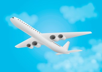 Fototapeta premium Flat icon of flying airplane with clouds on blue sky.