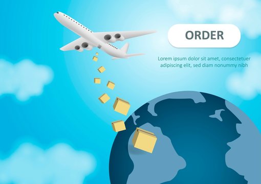 Shipping and global deliveries by air service. Cardboard boxes with products. Aircraft flying. Image in vector format.
