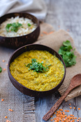 Lentil Dahl in coconut Bowl 