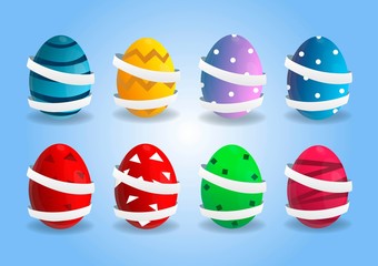 Vector cute poster for Easter Egg Hunt with colored 3d eggs with ribbon on blue background. Cartoon template for holiday invite and festive flyers.