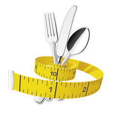 Diet and lose weight concept - measuring tape tighten fork, spoon and knife