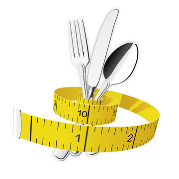 Diet And Lose Weight Concept - Measuring Tape Tighten Fork, Spoon And Knife