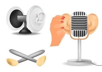 Set special microphone with the ears for ASMR isolated on white background, cosmetic brushes. Realistic 3D illustration for template decoration or for cover vlog.