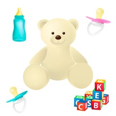 baby toys and things detailed icons vector set. Pacified, cubs, baby bottle, teddy bear Isolated on white background.