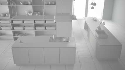 Total white project, without materials, of minimalist luxury expensive kitchen, island, sink and gas hob, modern interior design architecture concept idea, plan top view above