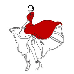 Fashion. Dance. Illustration of dancing girl wearing red dress on high heels. Continuous line drawing of beautiful lady, minimalism, woman beauty. Vector illustration for t-shirt design