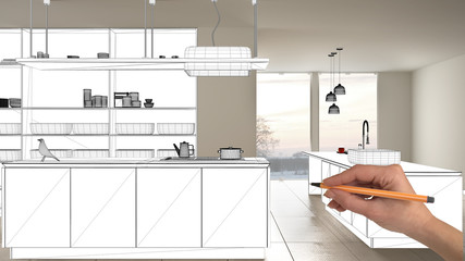 Unfinished project, under construction draft, concept interior design sketch, hand drawing blueprint kitchen sketch in real background, architect and designer idea