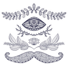 Tattoo art design. Floral ornamental leaves ornaments, eye and ornate mustache. Henna tattoo print