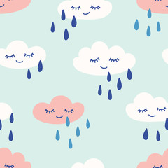 Rainy clouds with eyes and smile cute seamless pattern. Print for kids. Vector hand drawn illustration