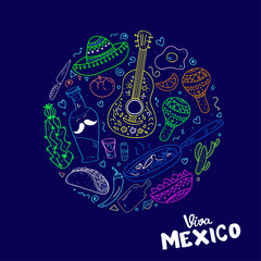 Viva Mexico hand lettering calligraphy with mexican sombrero,bottle tequila,maraca,guitar,nachos,eggs.Used for greeting card, poster design.Vector illustration.
