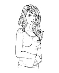 Modern girl black and white manga anime minimalistic style isolated sketch line art