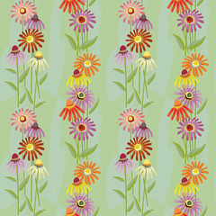 Multicolor mix of Echinacea flowers on green watercolour effect background. Seamless vector geometric half drop pattern. Perfect for packaging, wellness, garden products, fabric, stationery, giftwrap