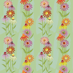 Multicolor mix of Echinacea flowers on green watercolour effect background. Seamless vector geometric half drop pattern. Perfect for packaging, wellness, garden products, fabric, stationery, giftwrap