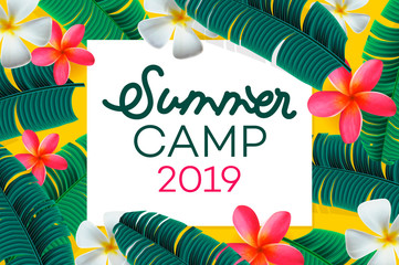 Summer camp 2019 handdrawn lettering on jungle background with colorful tropical leaves and flowers. Vector illustration.