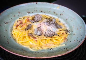 fresh carbonara pasta with truffles