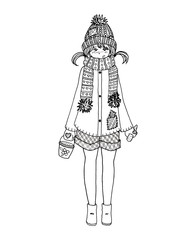 Winter girl anime manga cartoon isolated sketch line art