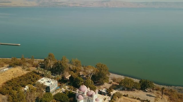 Orthodox Church of the 12 apostles. Sea of Galilee. Capernaum. Aerial view