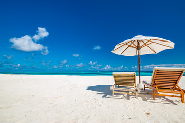 Tranquil scenery, relaxing beach, tropical landscape design. Summer vacation travel holiday design. Tropical beach background as summer landscape with lounge chairs and palm trees and calm sea