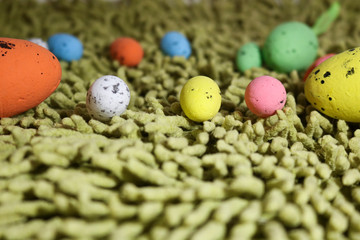 Uova di pasqua colorate su fondo verde, festività