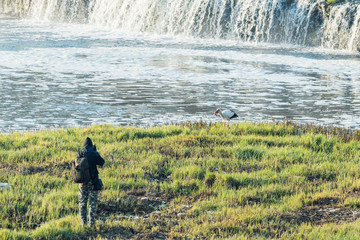 View of the Rumba Falls in the city of Kuldiga, Latvia. In the foreground is a photographer, in the...