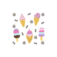 Romantic illustration with stylish ice cream. Lovely childish card in summer colors.  Greeting card, poster, banner illustration. Isolated scandinavian cartoon illustration.