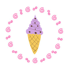 Romantic illustration with stylish ice cream. Lovely childish card in summer colors.  Greeting card, poster, banner illustration. Isolated scandinavian cartoon illustration.