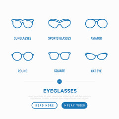 Eyeglasses thin line icons set: sunglasses, sport glasses, aviator, round, square. Modern vector illustration.