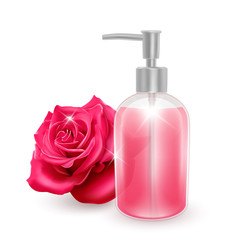 A jar of shampoo or liquid soap with the scent of roses, realistic shampoo bottle and pink rose on white background, cosmetic product healthcare banner.