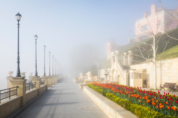 street lighters and tulips on embankment in foggy morning in Odessa in Ukraine