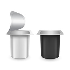 Set of Realistic vector plastic container of yogurt or dessert, opened blank packages of black and white colors, Elements for ad poster, promo banner of food, Vector illustration on white