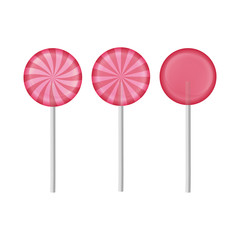 Set of 3 sweet realistic lollipops in pink color. Sweet lollipops of round shape. Vector illustration.