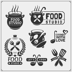 Set of vintage food studio emblems, labels and design elements. Cooking class, cooking courses, culinary school logos.