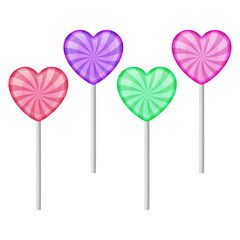 Set of 4 sweet realistic colorful lollipops on white background. Sweet lollipops of heart shape. Vector illustration.