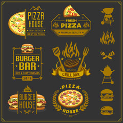 Burger, pizza and bbq emblems, labels and design elements. Fast food restaurant logo design template.