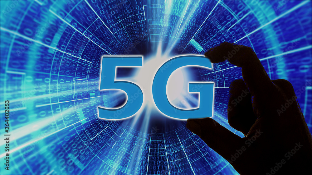 Poster man holding 5g sign with hud in background showing technological advancement