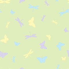 Summer seamless pattern with colorful butterflies and dragonflies. Vector.