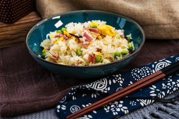 Cantonese fried basmati rice with ham and eggs