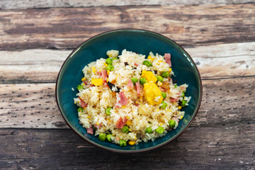 Cantonese fried basmati rice with ham and eggs