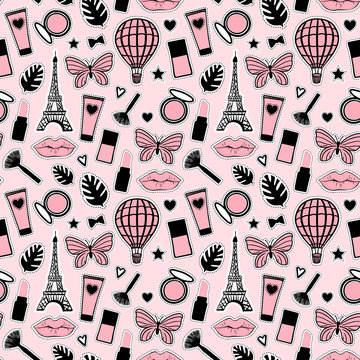 Abstract Seamless pattern fashion style. Cosmetic hand drawing. Paris Eiffel Tower sign. Vector illustration girly stickers Cute pink