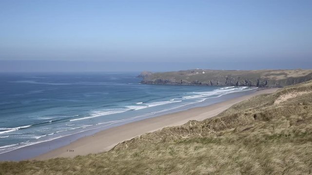 Perran sands Perranporth North Cornwall England UK viewed from the coast path towards Penhale Sands